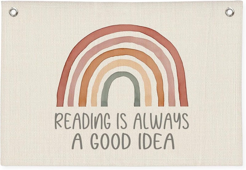 PLKMN Reading Corner Decor for Classroom, Reading Is Always A Good Idea Canvas Banner, Boho Rainbow Wall Hanging Banner Flag Decor for Reading Corner Nook Playroom - Image 1